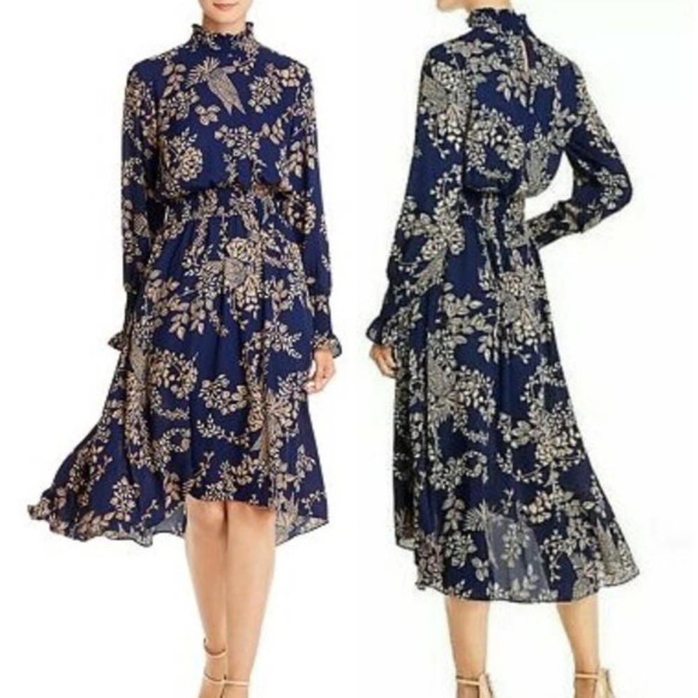 Nanette Lepore Smocked High Neck Dress Floral Navy